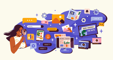 Excess of online information concept. Woman with magnifying glass. Young girl evaluate articles from internet. Webpage templates. Cartoon flat vector illustration isolated on beige background