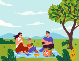 Fototapeta na wymiar Family on picnic. Man and woman sitting with kid at blue blanket with basket of fruits and croissants. Father and mother with son spending time together outdoor. Cartoon flat vector illustration