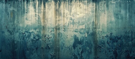 A dark concrete wall covered in grunge and featuring water drops scattered across its surface. The rough texture of the wall contrasts with the smoothness of the water droplets, creating an intriguing