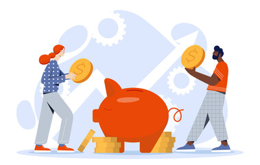 Finance growth concept. Man and woman with golden coins near piggy bank and arrow. Financial literacy and passive income. Investments and trading, budget. Cartoon flat vector illustration