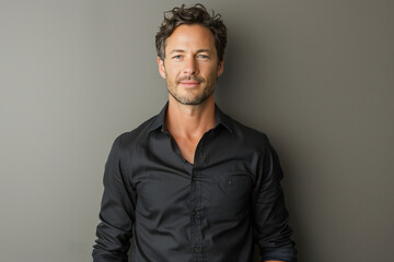 Obraz premium Stylish and Confident Businessman in Elegant Black Shirt Posing with a Charismatic Smile