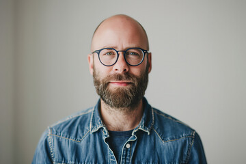 Obraz premium Stylish Bald Man with Beard and Glasses in Denim Shirt on Neutral Background - A Portrait of Urban Sophistication