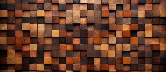 A wooden wall featuring a repetitive pattern of squares. The squares are evenly spaced and aligned vertically and horizontally, creating a uniform and structured design. - obrazy, fototapety, plakaty