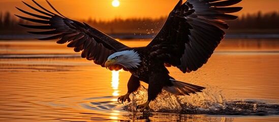 A bald eagle gracefully descends onto the water to catch a fish during a sunset, showcasing its impressive silhouette against the sky.