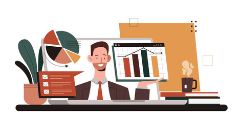 Freelance work place. Laptop with video call. Businessman with graphs and diagrams. Remote worker and freelancer. Guy with statistics and infographics. Cartoon flat vector illustration