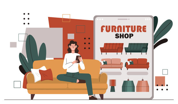 Woman buy furniture online. Young girl choose sofa in apartment or home. Shopping on internet with home delivery. Character with smartphone looking for furniture. Cartoon flat vector illustration