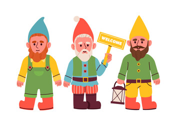 Set of gnomes. Little men with beard. Decoration elements for garden and backyard. Fairy tale character. Fantasy and imagination. Cartoon flat vector collection isolated on white background