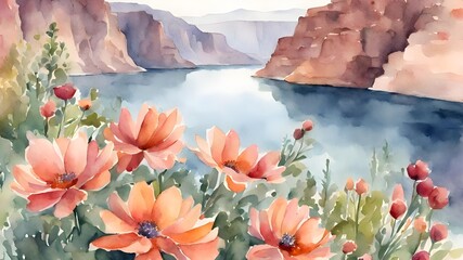 watercolor painting of canyon scene with lake and flowers - obrazy, fototapety, plakaty