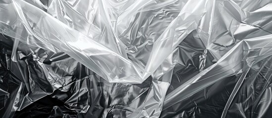 This black and white photograph showcases a collection of plastic bags made of creased polyethylene film. The contrast between light and dark tones highlights the texture and shape of the bags.