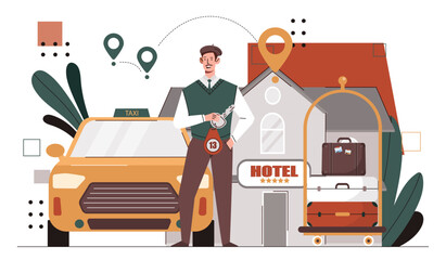 Hotel service concept. Man with key from car near building. Serviceman with luggage. Booking of room for holiday and vacation. Cartoon flat vector illustration isolated on white background