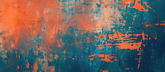 An orange and blue grunge abstract background with a damaged screen effect. The orange glitch noise is prominent on the scratched texture, giving the appearance of paint with dust particles.