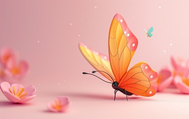 Cute 3d little butterfly flying on bright pastel background. Birthday-greeting card. presentation. advertisement. invitation. copy text space.
