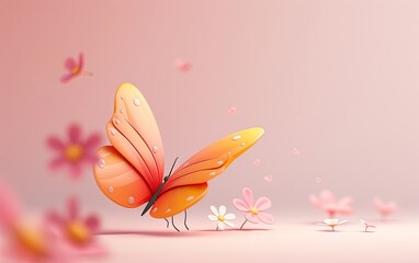 Cute 3d little butterfly flying on bright pastel background. Birthday-greeting card. presentation. advertisement. invitation. copy text space.
