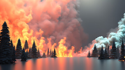 Earth Day Message. 3D Illustration of Forest Fire, Conveying the Dire Impacts of Climate Change on Mountain Ecosystems
