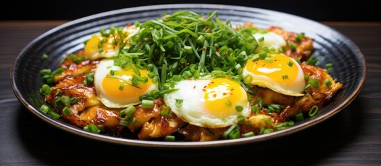 A plate featuring sizzling stir-fried Chinese eggs with aromatic chives alongside fresh greens. The dish showcases a fusion of flavors, textures, and colors.