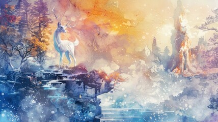 Mystical white stag in a magical forest scene - A majestic white stag stands on a cliff in a surreal, colorful forest with watercolor effects and dreamy ambiance