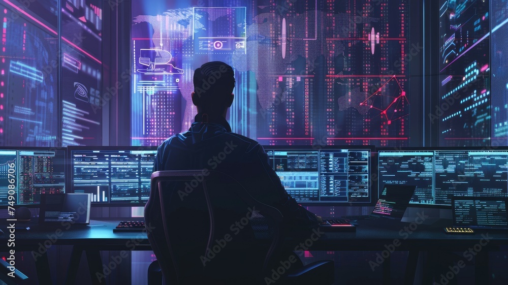 Poster cyber security analyst in high-tech room - a male cyber security analyst attentively monitors data o