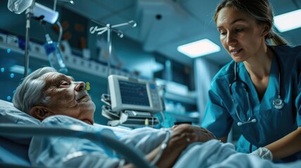 Intensive care unit with patient and nurse - A critical moment in the ICU with a patient lying in bed and a nurse monitoring the vital signs, capturing the essence of medical care and emergency