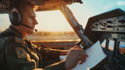 Pilot in cockpit managing controls during flight - A focused pilot in the cockpit managing the airplane controls with a clear sky reflecting on the window