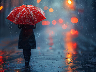Person with Red Umbrella Walking in the Rain at Night
