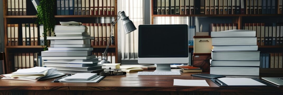 Organized chaos at a desk with computer - An image featuring a cluttered work desk with a computer, surrounded by stacks of books and papers, evoking a sense of busy academic or professional life