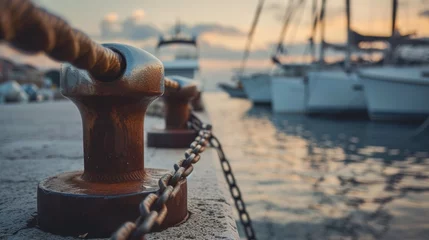 Selbstklebende Fototapeten Luxury Yacht Tied To Pier, rope mooring © Nataliya