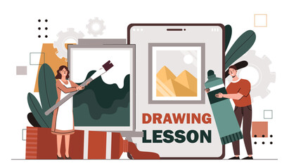 Drawing lessons online. Man and woman with paints and paintbrush near digital tablet. Creativity and art. Distant education and training. Cartoon flat vector illustration isolated on white background