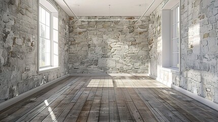 Empty a white Interior of vintage room without ceiling from gray grunge stone wall and old wood floor.