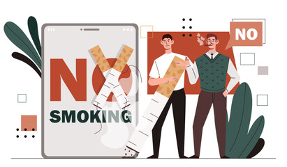 No smoking concept. Two men with cigarettes near smarrtphone. Refusal from tobacco and nicotine. Healthy lifestyle without bad habits. Cartoon flat vector illustration isolated on white background