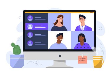 Video conference concept. Men and woman communicate in social networks. Online call. Colleagues and partners work at common project. Cartoon flat vector illustration isolated on white background