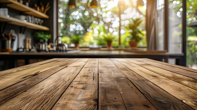 Empty beautiful wood table top counter and blur bokeh modern kitchen interior background 