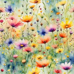 colorful flowers and grass on a watercolor background
