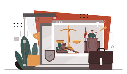 Online court session. Man near jidges gavel and weights. Lawyer at workplace. Laws and regulations, legal support for agreements. Cartoon flat vector illustration isolated on white background