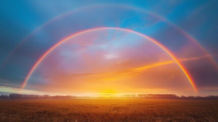 Across the sky, a tranquil countryside is illuminated by a dramatic double rainbow's arcing presence - obrazy, fototapety, plakaty