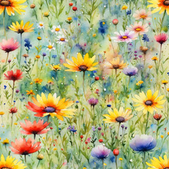 colorful flowers and grass on a watercolor background