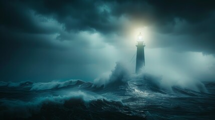 Amidst the turmoil of a stormy night, a lone lighthouse serves as a steadfast sentinel, braving the crashing waves and tumultuous seas - obrazy, fototapety, plakaty
