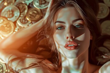beautiful female model woman laying on top of gold coins bitcoins wealth lust sensuality rich young 
