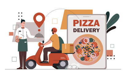 Pizza food delivery. Man at scooter near client with smartphone Italian cuisine and takeaway eating. Courier at bike. Electronic commerce and marketing. Cartoon flat vector illustration