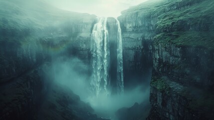 In a picturesque scene, towering cliffs and misty rainbows encircle a majestic waterfall crashing...