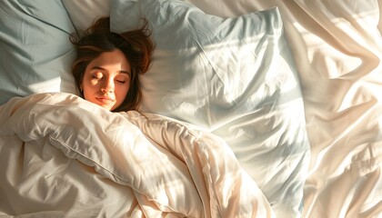 woman laying in bed morning sunlight comfy cozy pillows bed sheets comforter hotel motel bedroom 
