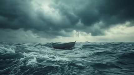 Fotobehang Under a brooding sky, a lone boat drifts aimlessly on the choppy waters of a turbulent ocean © Lerson
