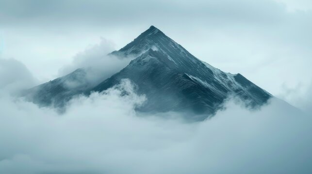 In mist and mystery, a majestic mountain peak pierces through the clouds with awe-inspiring prominence