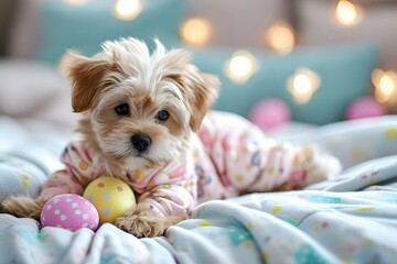 Fototapeta na wymiar cute little puppy holding Easter eggs pastel yellow pink blue wearing and Easter day jumper laying on blue bed sheet 