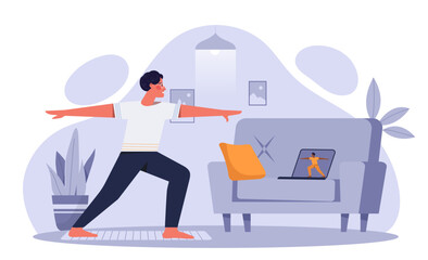 Online sport training. Man practice yoga indoor. Young guy watch fitness video. Active lifestyle and training, workout. Cartoon flat vector illustration isolated on white background