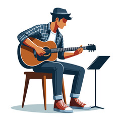 Musician man playing guitar acoustic vector illustration, male guitarist performing music, String instrument player design template isolated on white background