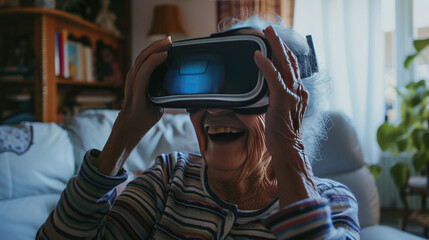 Obraz premium Portrait of an elderly Latina woman wearing virtual reality glasses laughing happily inside her home