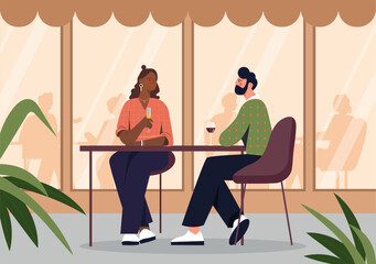Open air restaurant concept. Man and woman sitting at table with alcoholic drinks. Romantic meeting. Young couple with drinks in glasses. Love, care and romance. Cartoon flat vector illustration