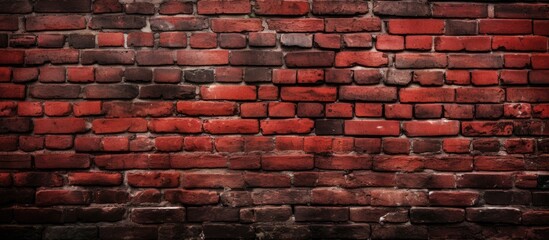 A dark red brick wall shows signs of wear and tear, with a grungy effect adding character to the surface. The aged bricks create a textured and rugged appearance.