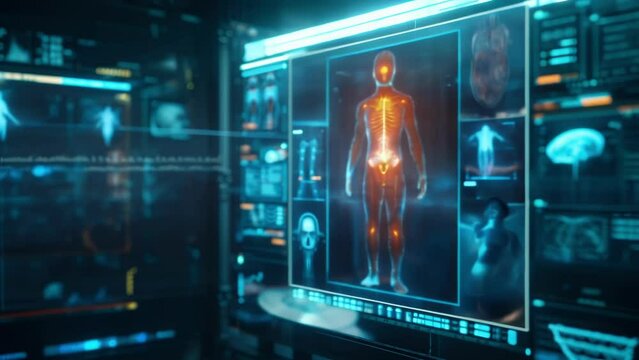 A holographic display of a patients body temperature being tracked and monitored through connected medical devices for early detection of fevers or s.