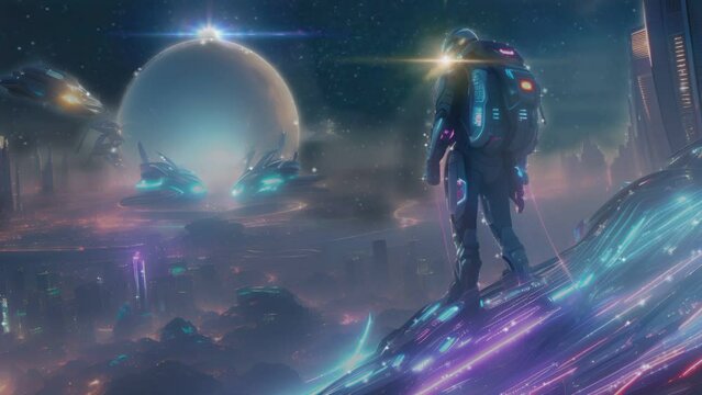 one sees planets and planes, millennium style in the future. seamless looping time-lapse animation video background